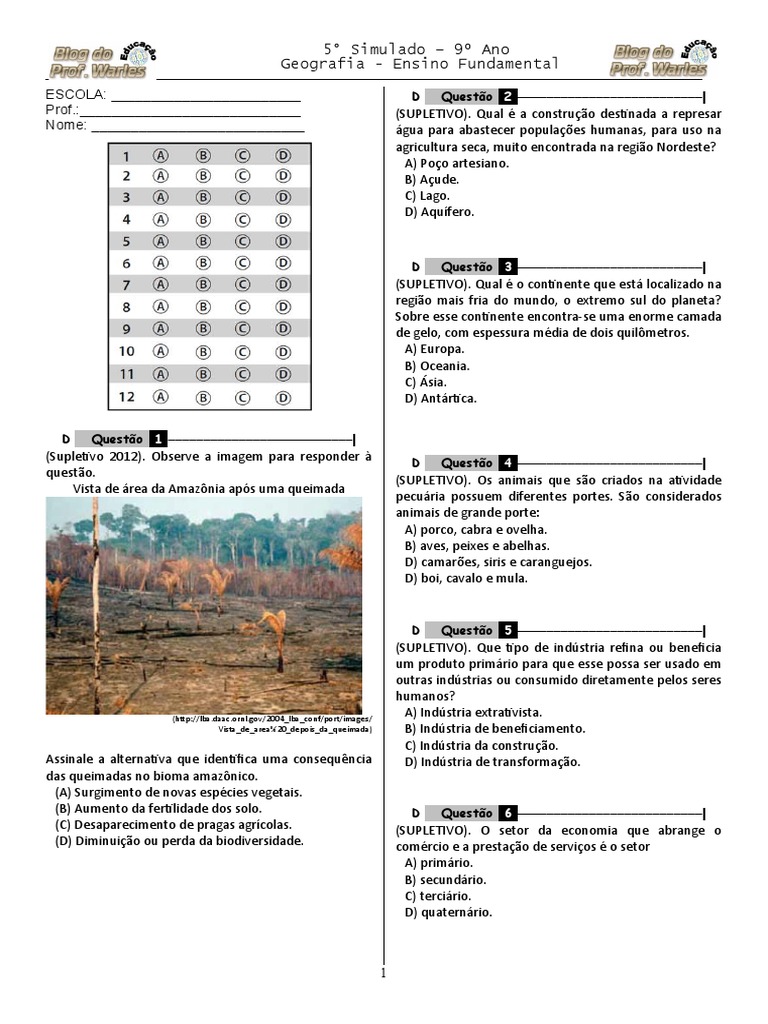 Simulado de Ciências (07) para 4° Ano e 5° Ano - Com gabarito