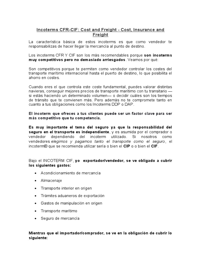 Incoterms CFR y CIF: Ventajas y Responsabilidades | PDF
