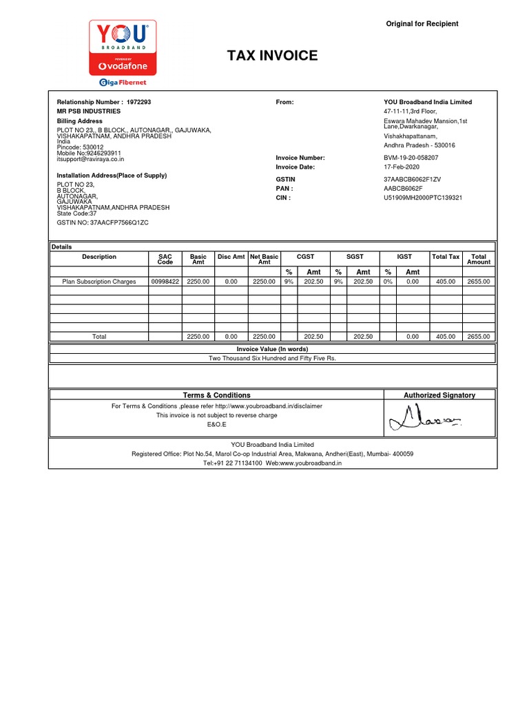 Y Broadband Bill Feb2020 Pdf Download Free Pdf Economy Of India