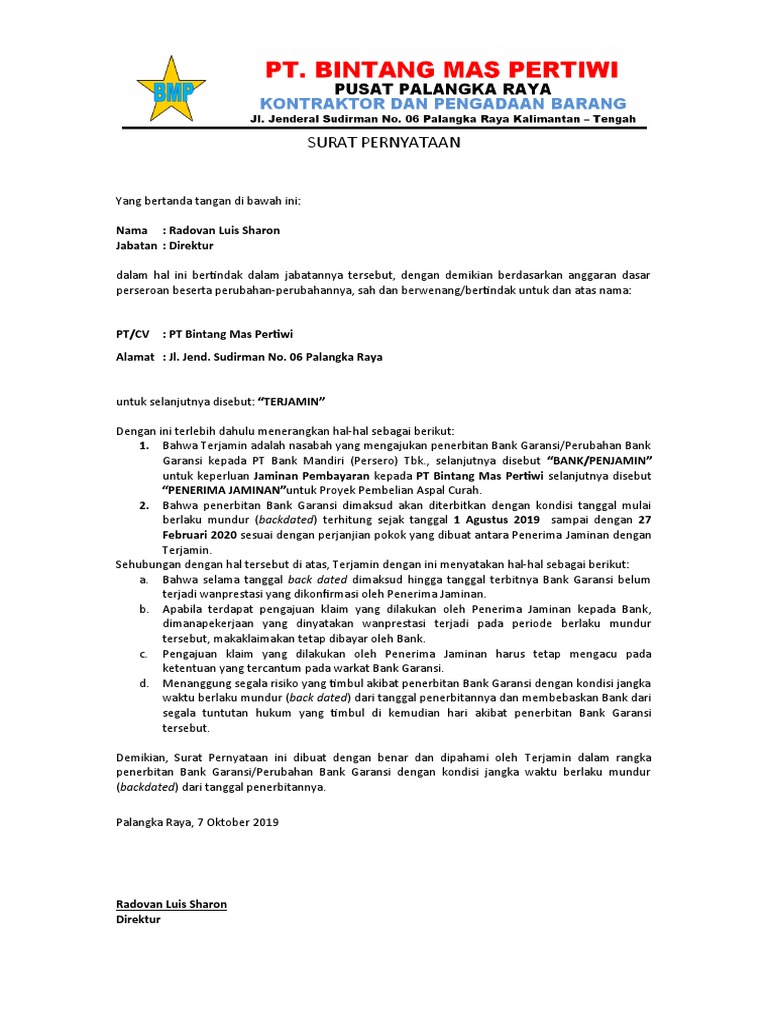 Surat Pernyataan Backdate