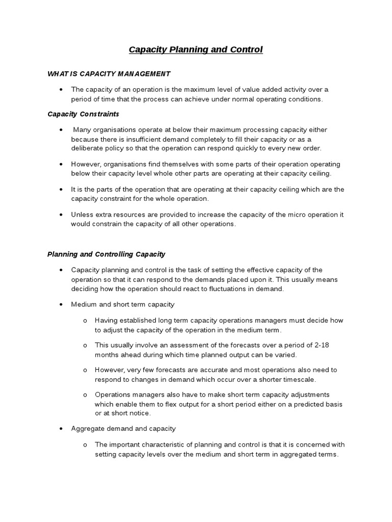 Operations Management - Capacity Planning and Control Sample PDF | PDF