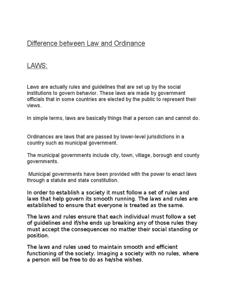 Difference Between Law and Ordinance PDF Law Of The United States