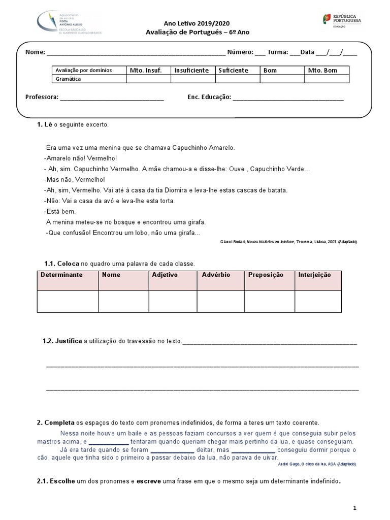 Ficha de Gramática de 6.º Ano | PDF | Pronome | Tipologia linguística