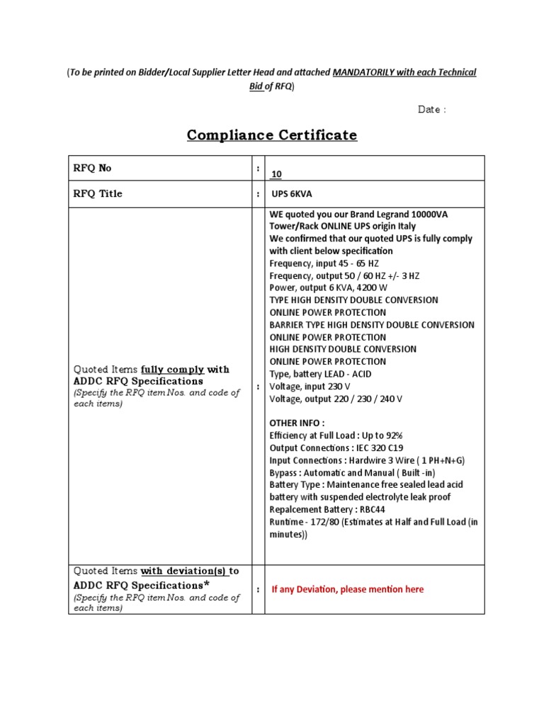 Compliance Certificate | PDF | Specification (Technical Standard ...