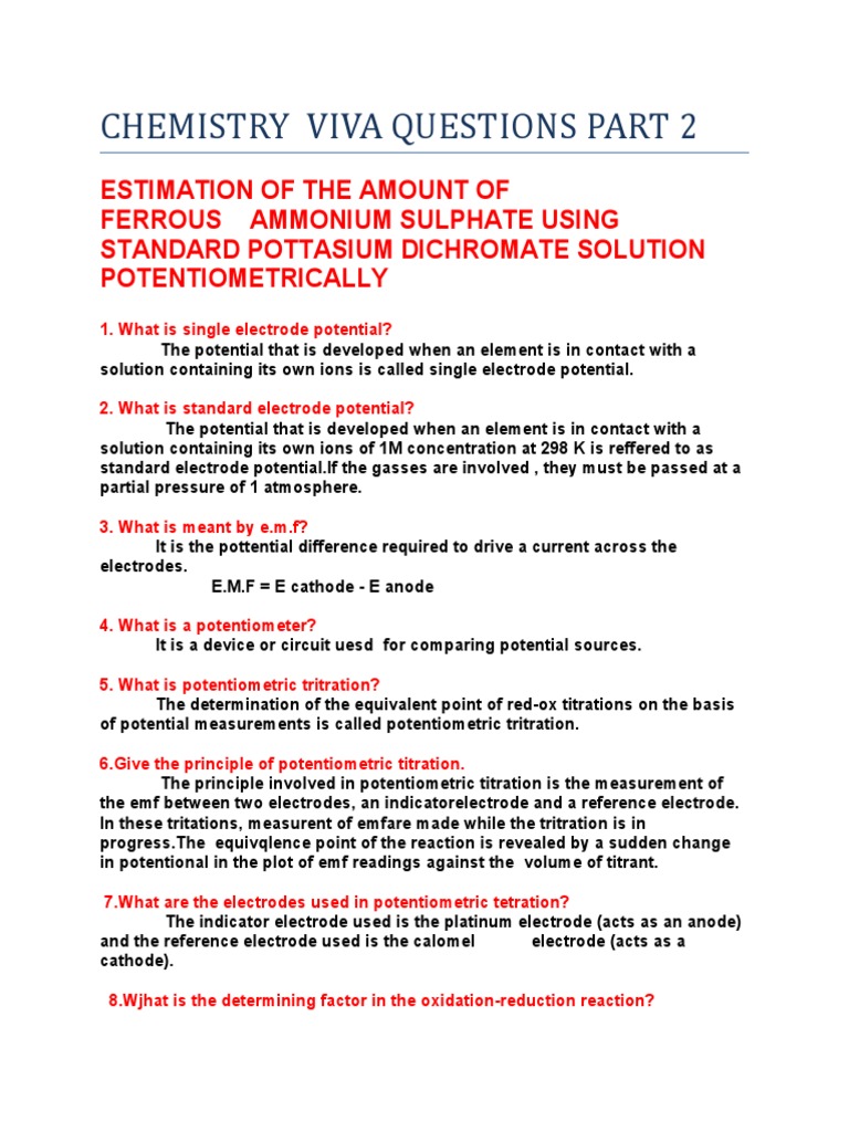 Potentiometric Titration Viva Questions | PDF | Titration | Chemistry