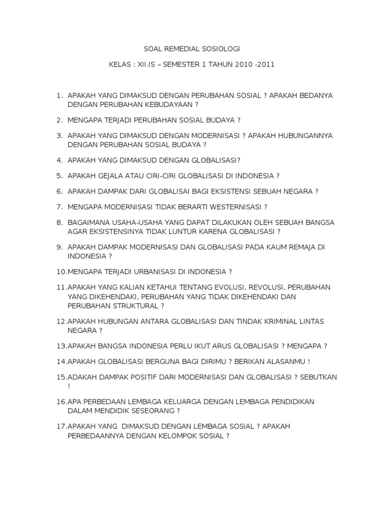 Soal Remedial Sosiologi Kelas Xii Is