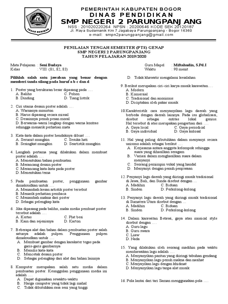 Soal Seni Budaya Kelas 8 Semester 2 Docx