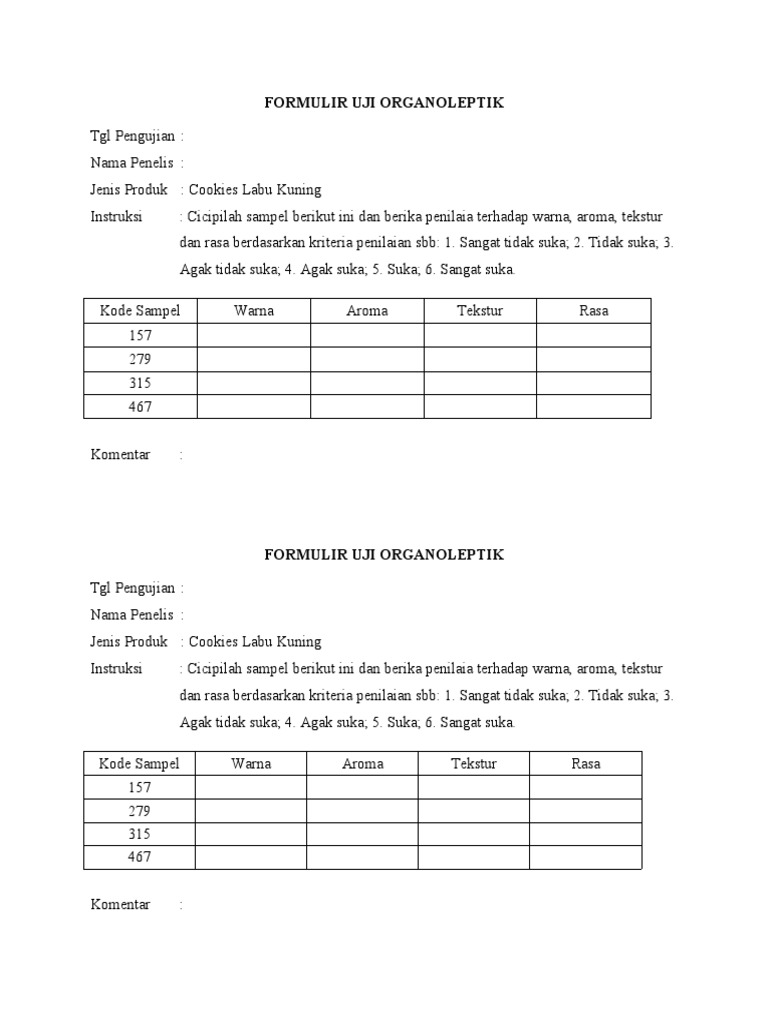 Formulir Uji Organoleptik | PDF