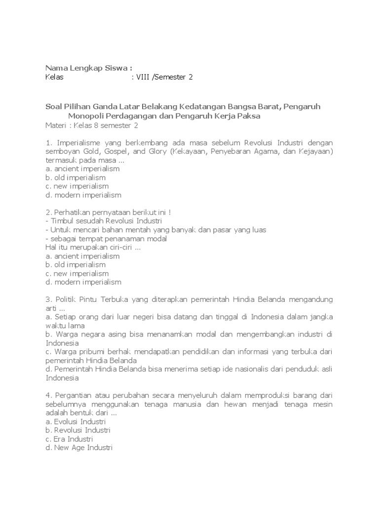 Soal Pilihan Ganda Latar Belakang Kedatangan Bangsa Barat Doc