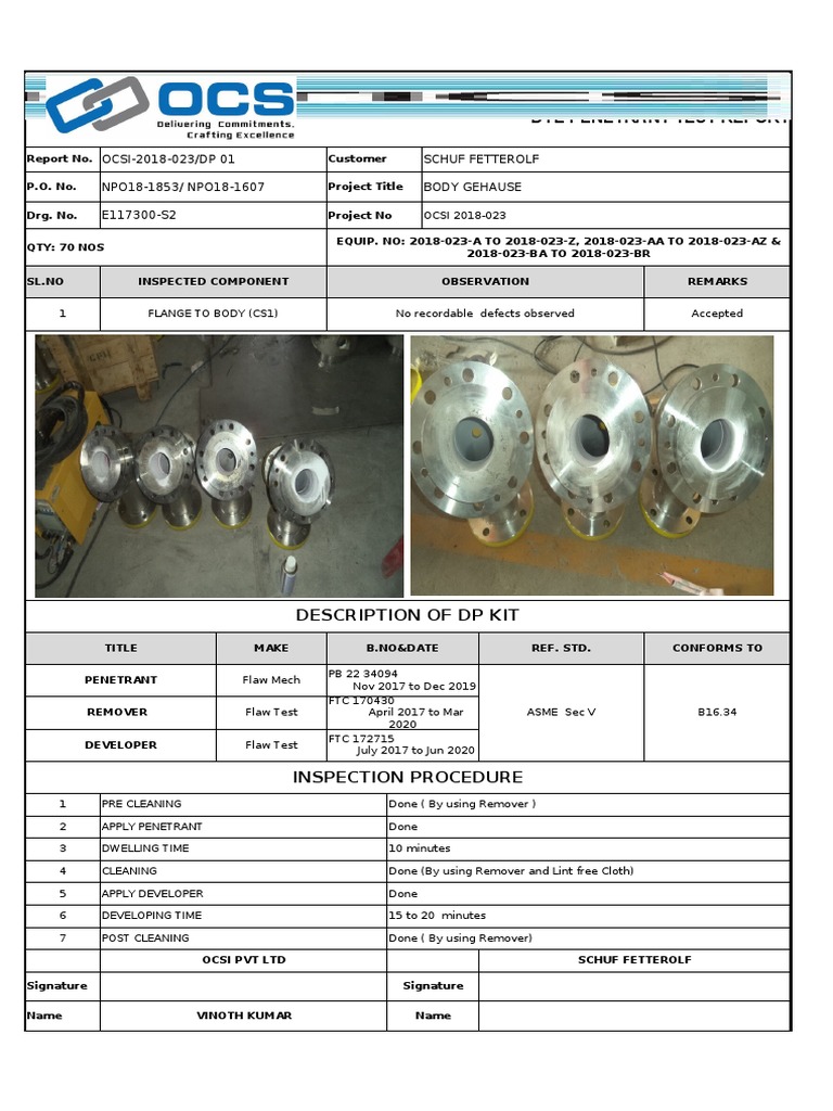 Dye Penetrant Test Report OCSI-2018-023 | PDF | Tests | Quality