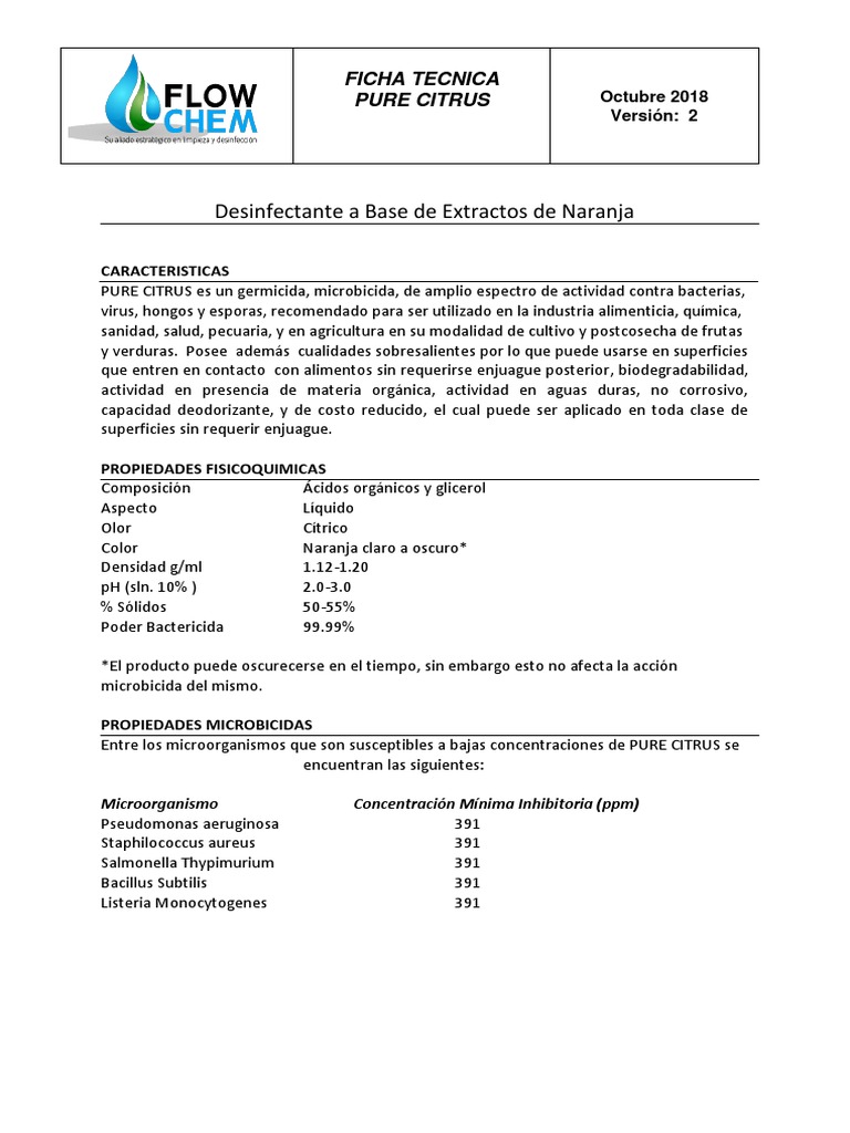 FICHA TECNICA PURECITRUS v2 FLOWCHEM | PDF | Agua | Alimentos
