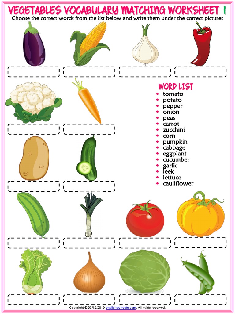 vegetables vocabulary esl matching exercise worksheets for kids pdf vegetables vegan cuisine