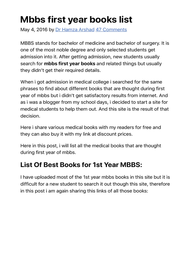 Mbbs First Year Books List Pdf Medical School Anatomy