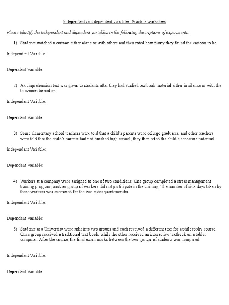 23 Assignment - Variable Worksheet  PDF  Experiment  Dependent Within Independent Dependent Variable Worksheet