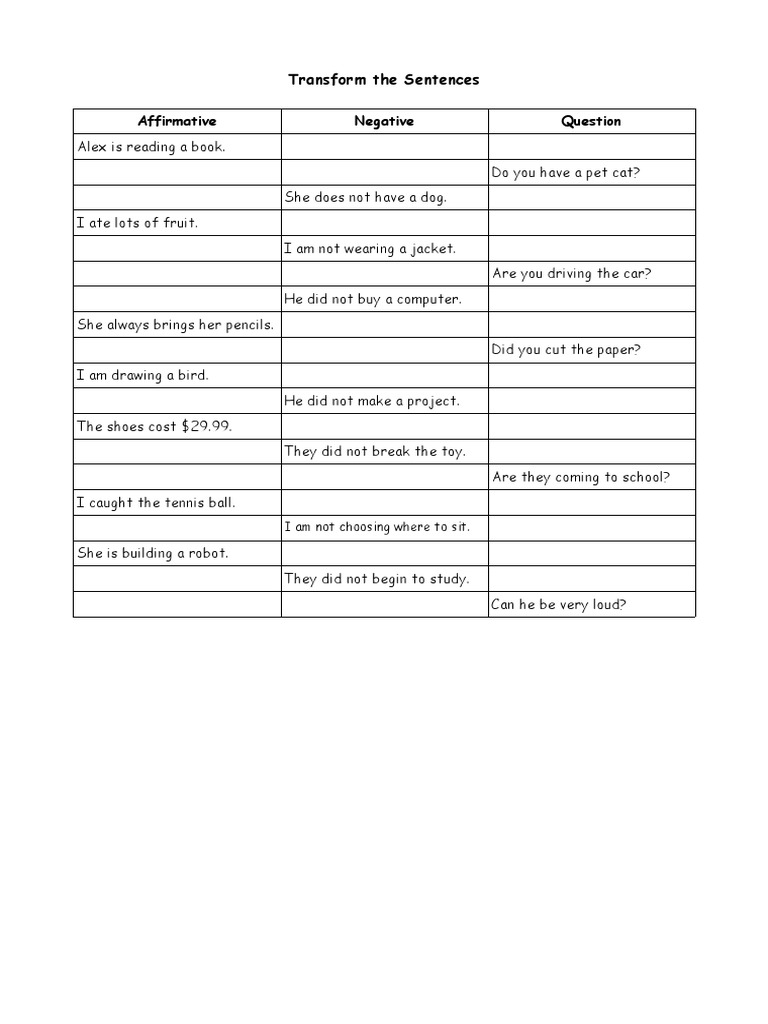 Transforming Sentences Table