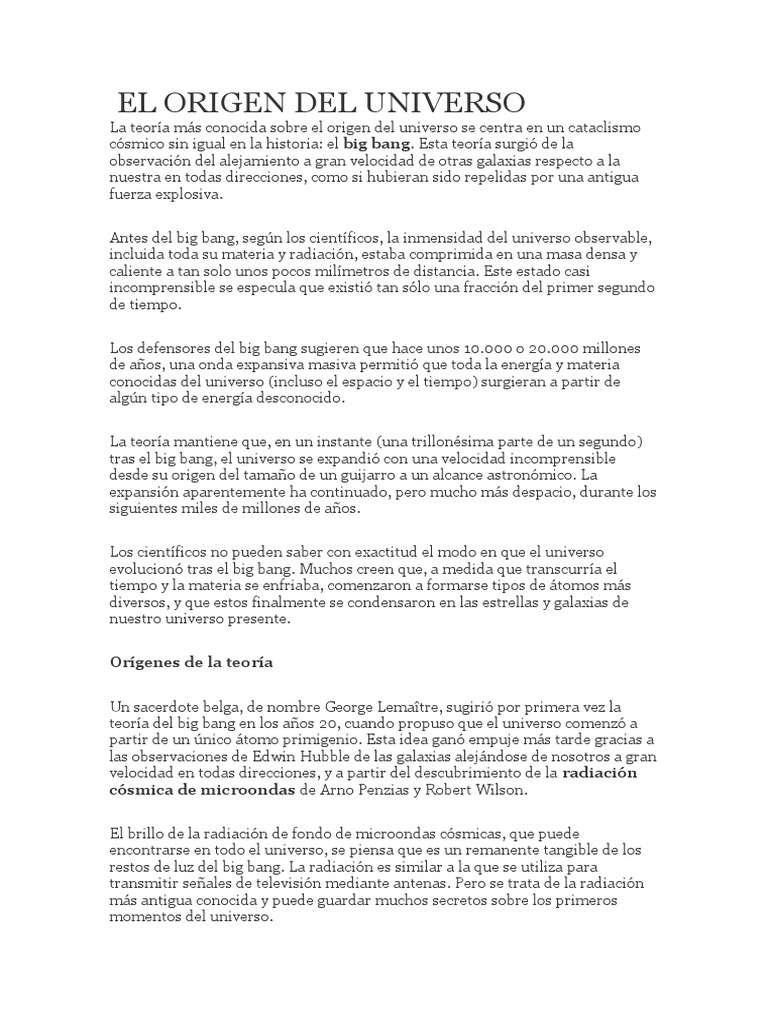 Teorías sobre el origen del universo | PDF | Big Bang | Universo