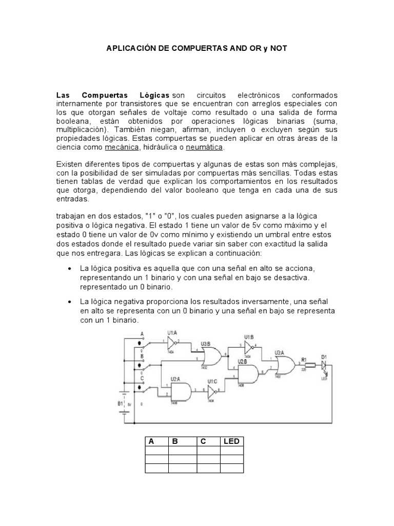 APLICACIÓN DE COMPUERTAS AND OR y NOT | PDF | Métodos y materiales de ...