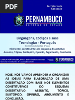 Elementos constituintes do esquema dissertativo (assunto, tópico, subtópico, opiniões, argumento, conclusão)