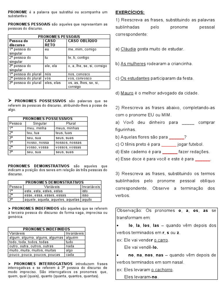 PRONOME É A Palavra Que Substitui Ou Acompanha Um Substantivo | PDF ...