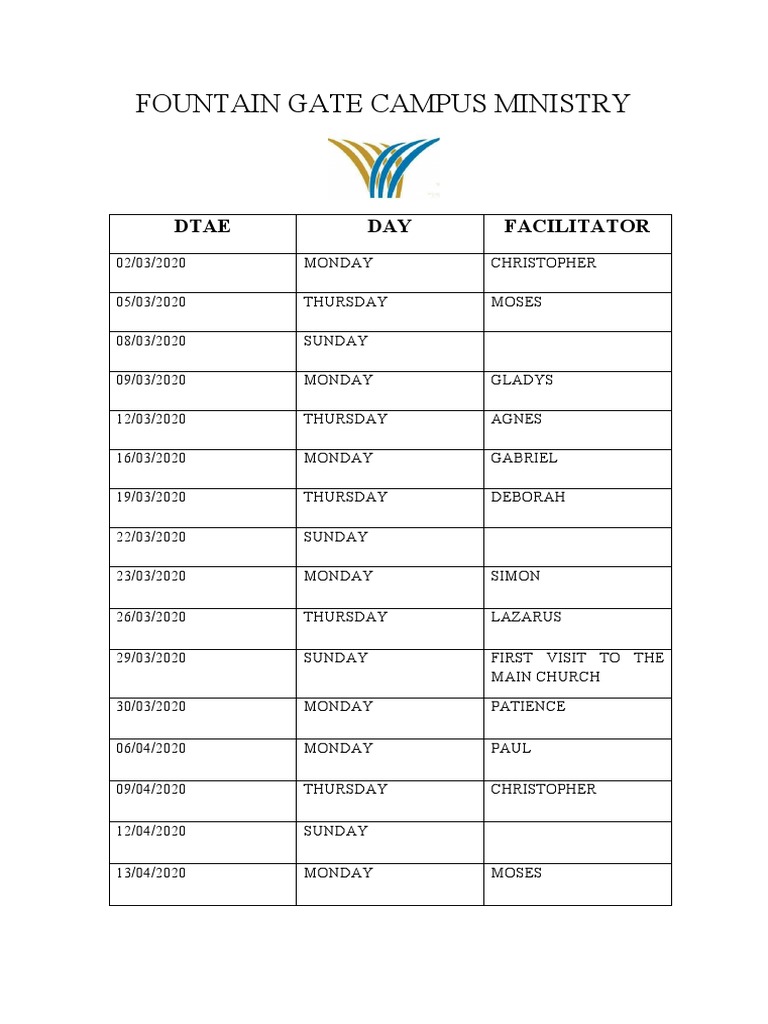 FOUNTAIN GATE CAMPUS MINISTRY Time Table PDF