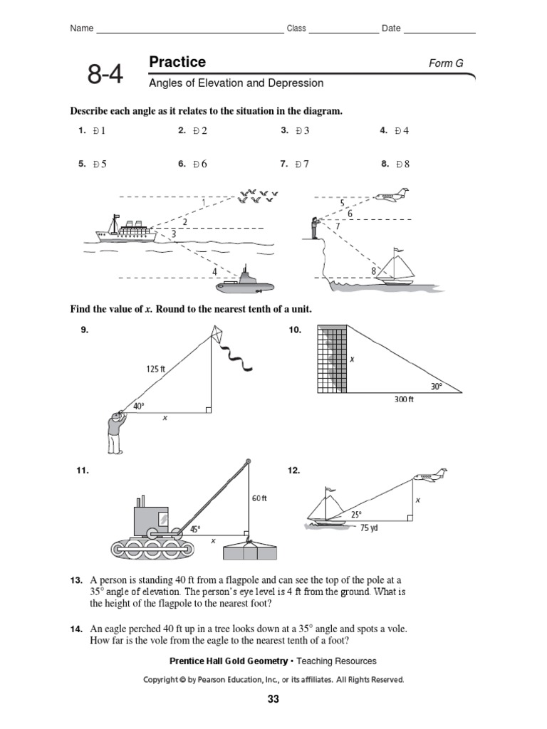 8-4-angles-of-elevation-and-depression-practice-wks-pearson-pdf-pdf-angle-geometry