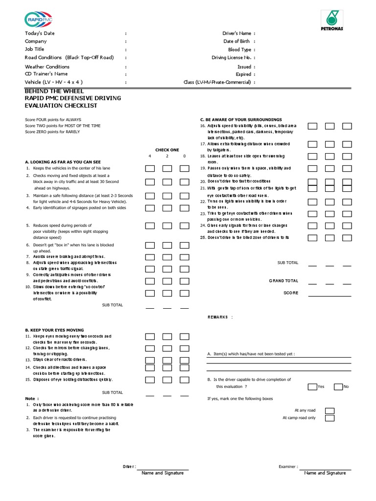 Defensive Driving Evaluation Checklist | PDF | Traffic | Intersection ...