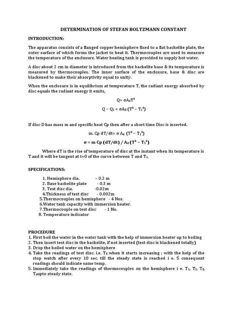 Experiment to Determine Stefan's Constant | PDF | Electric Heating ...