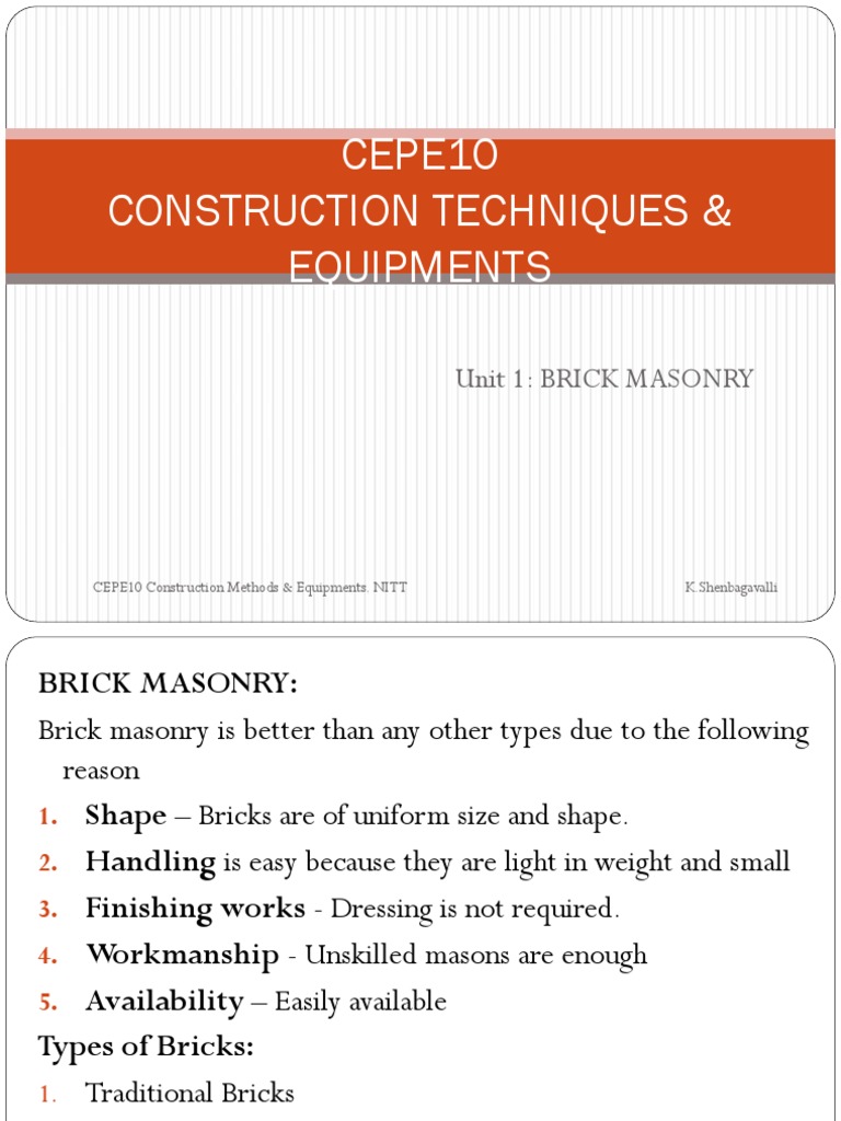 CEPE10 - Unit 1 - Brick Masonry PDF | PDF | Brick | Architectural Design
