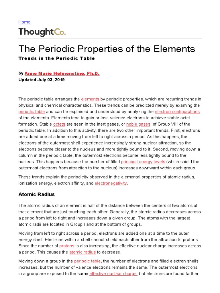 Trends in Periodic Element Properties | PDF | Periodic Table | Ion