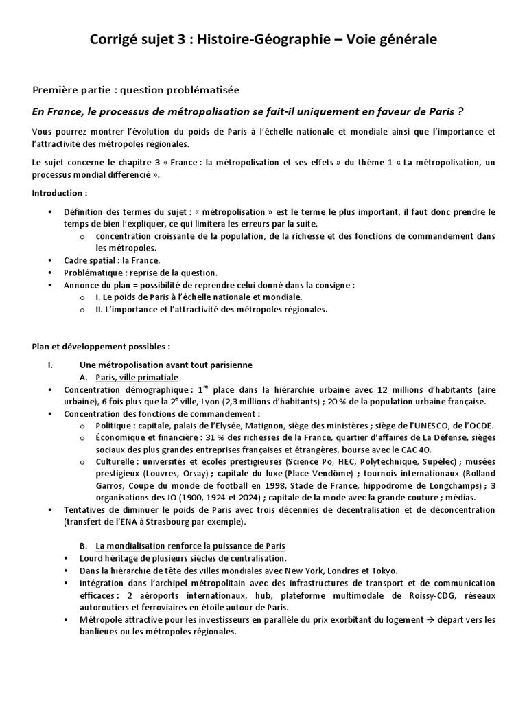Espace Temps Géographie Secondaire 2 Corrigé Pdf Correction Histoire Geo Voie G Sujet3 | PDF | Paris | République