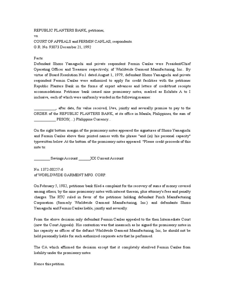 Republic Planters Bank Vs CA PDF Joint And Several Liability
