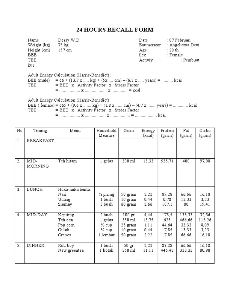24-Hour Dietary Recall Form | PDF | Calorie | Food And Drink