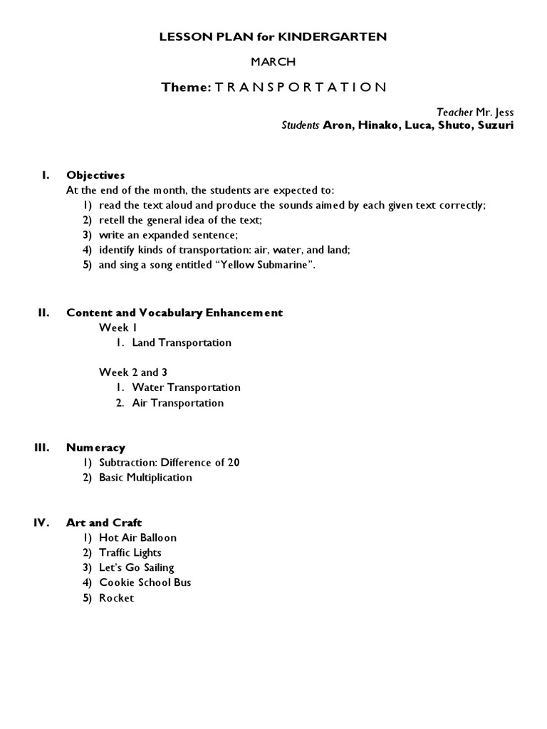 Kindergarten Transportation Lesson Plan | PDF | Foreign Language Studies