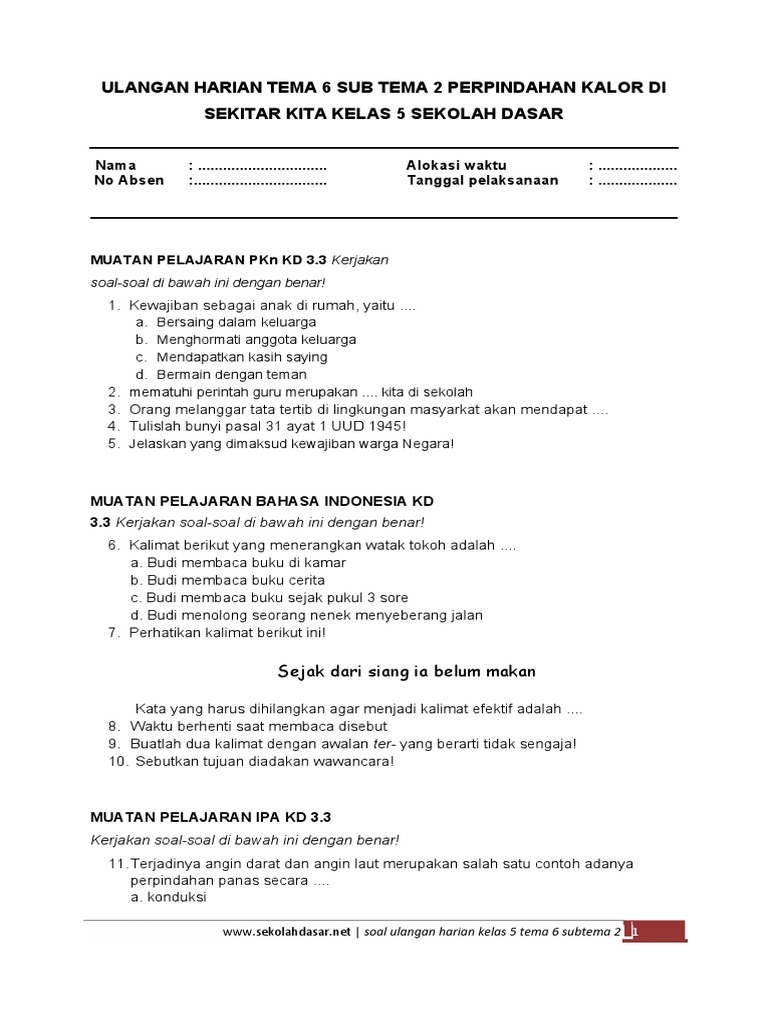 Ulangan Harian Kelas 5 Tema 6 Subtema 2 Pdf