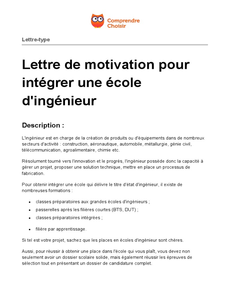 Ooreka Lettre Motivation Ecole Ingenieur Pdf Ingenieur Enseignement Superieur