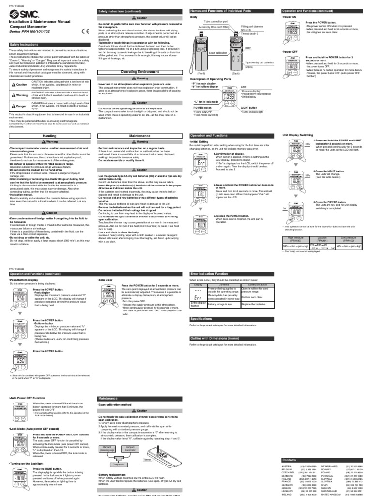 SMC Digital Manometer Manual PDF Pressure Measurement Calibration