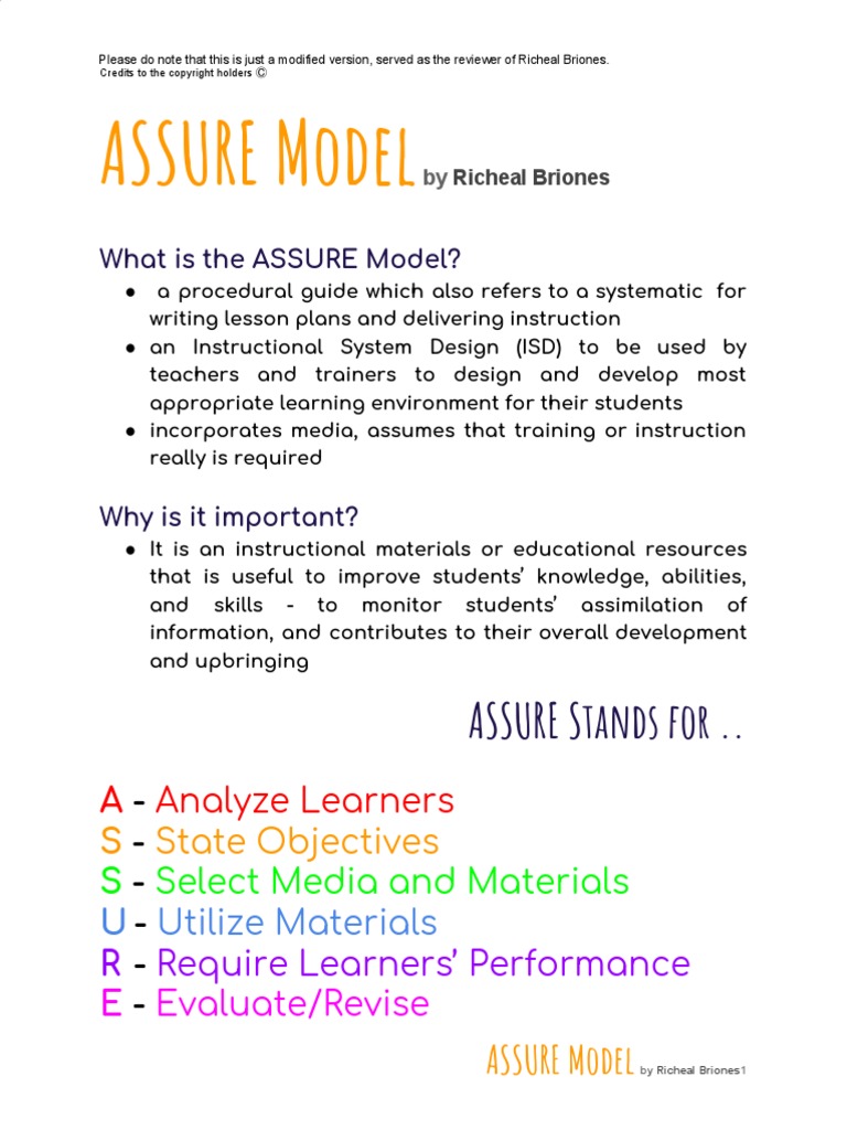 ASSURE Model by Richeal Briones | PDF | Lesson Plan | Learning