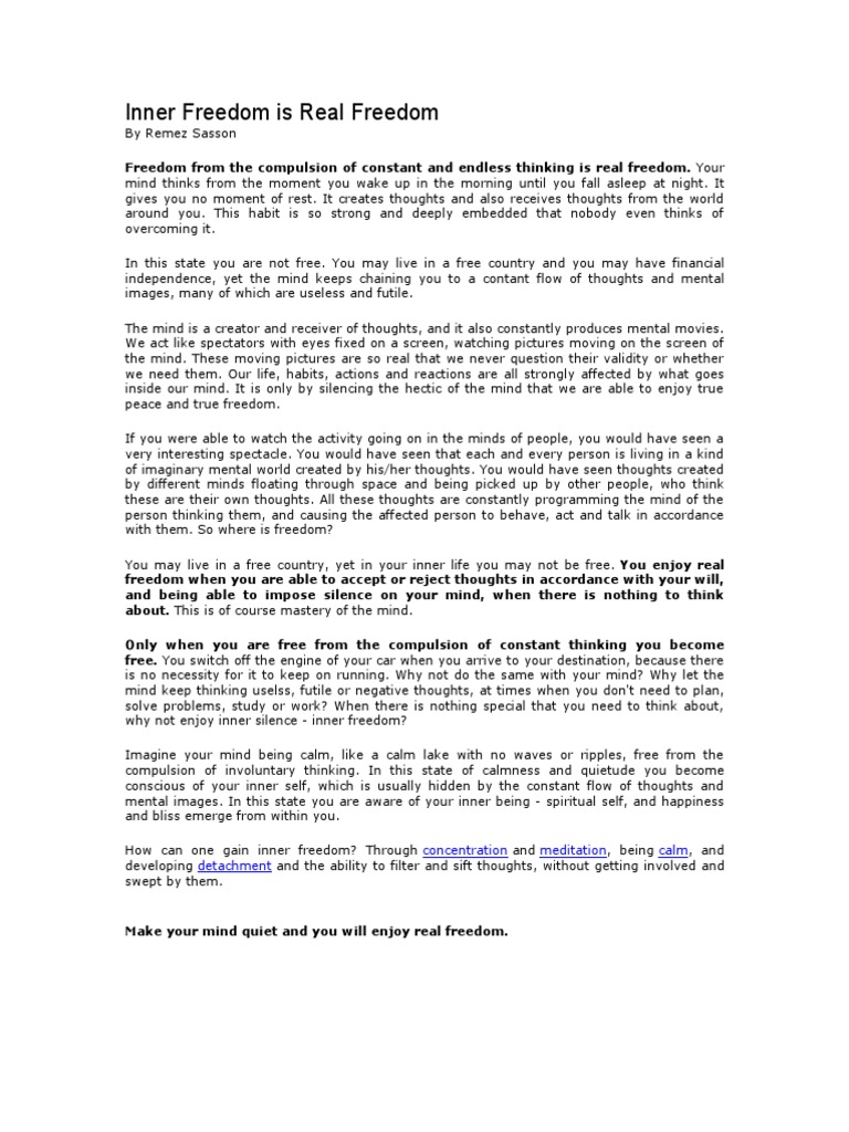 Inner Freedom Is Real Freedom | PDF | Thought | Mind