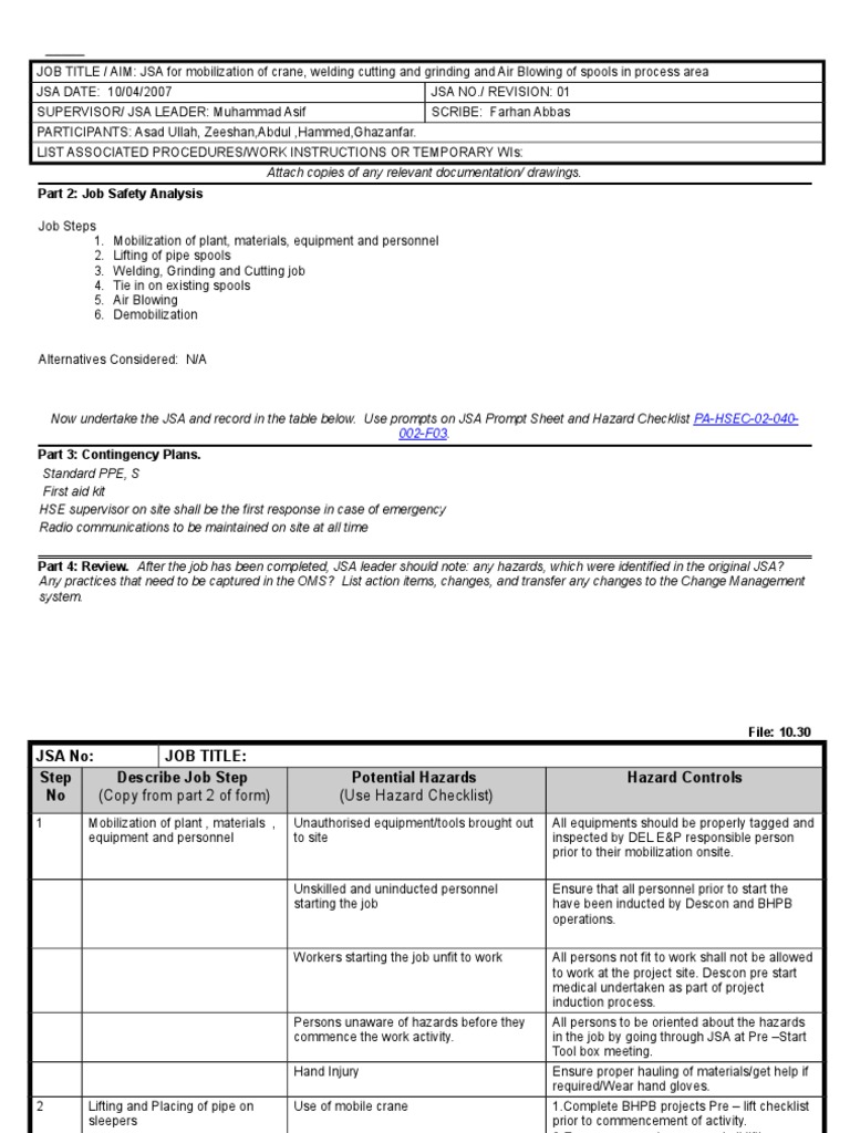 Crane Mobilization and JSA Overview | PDF | Personal Protective ...