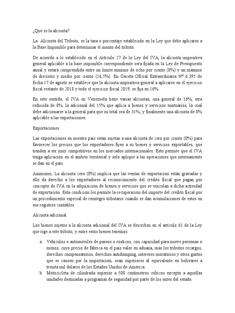 Alícuotas del IVA en Venezuela | PDF | Impuesto al valor agregado ...