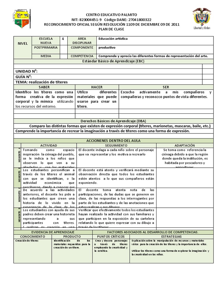 Plan de Clase Artistica Grado Cuarto | PDF | Creatividad | Educación en ...