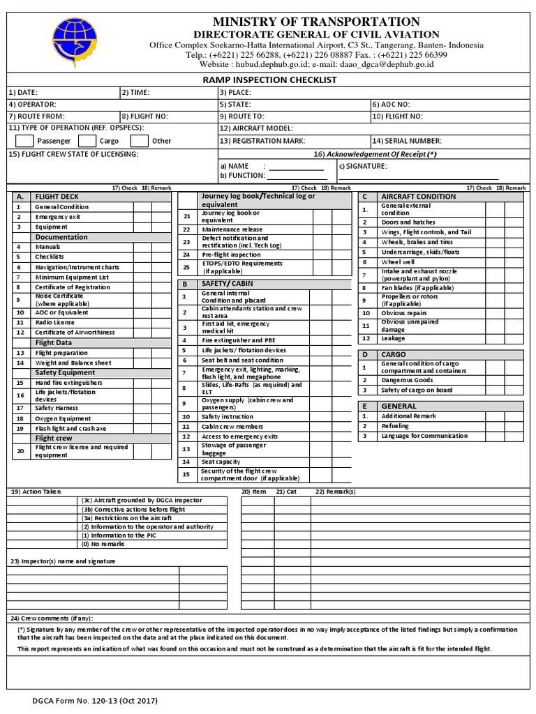 DGCA Form 12013 RAMP INSPECTION CHECKLIST Oct 2017 PDF PDF Flight Attendant Aerospace