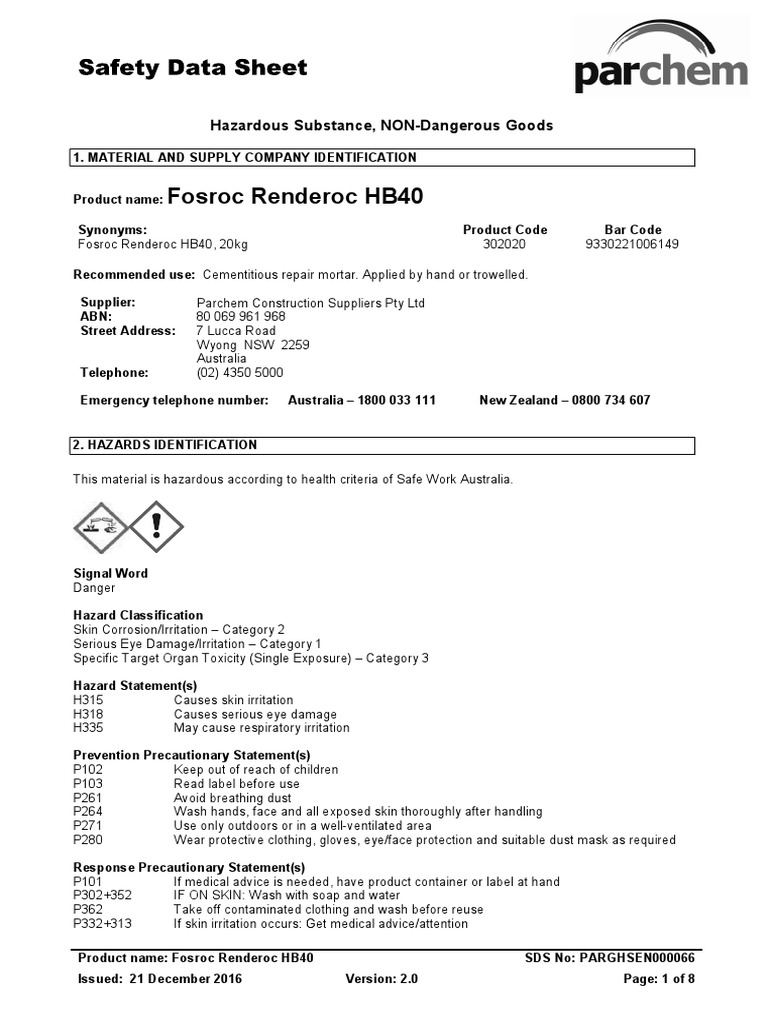 Fosroc Renderoc HB40 Safety Data Sheet | PDF | Dangerous Goods ...