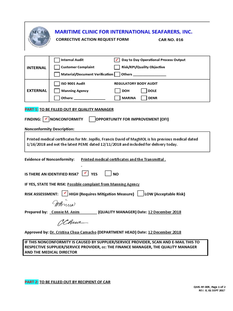 Supplier Corrective Action Request Form | PDF | Iso 9000 | Health Care