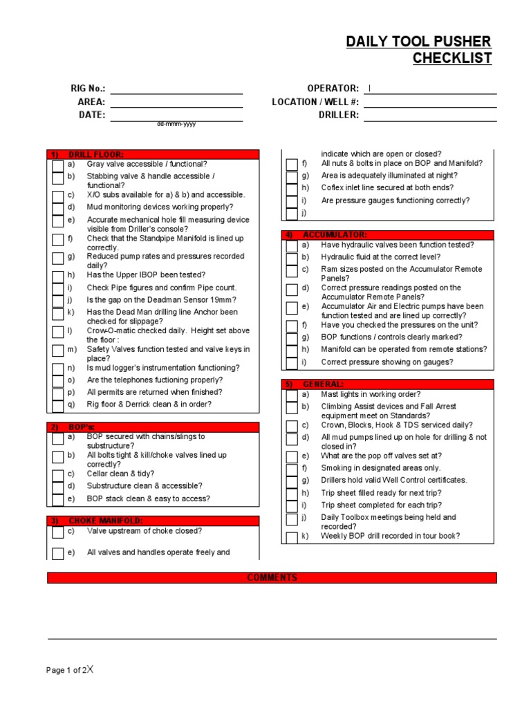 Daily Tool Pusher Checklist | PDF | Valve | Manufactured Goods