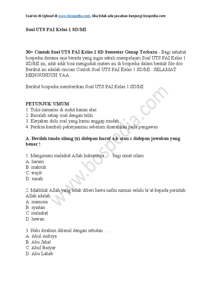 30 Contoh Soal Uts Pai Kelas 1 Sd Mi 2 1
