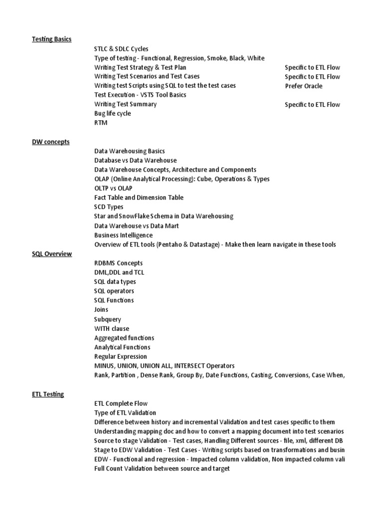 ETL Testing Plan  Data Warehouse  Application Software
