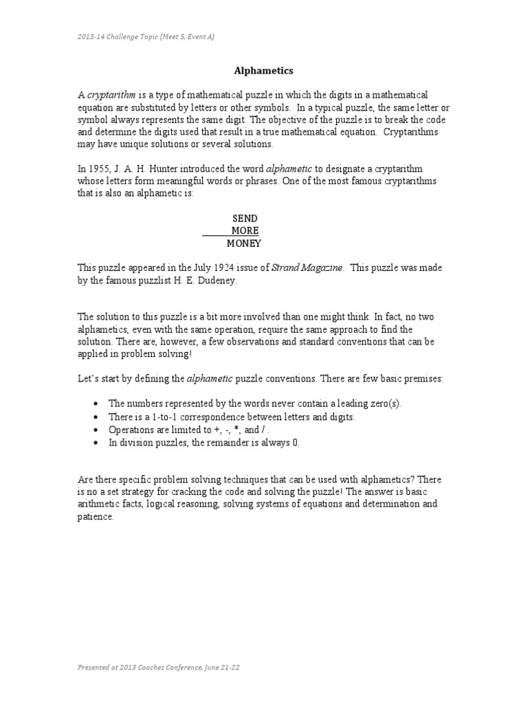 Alphametics Notes | PDF | Logic | Teaching Mathematics
