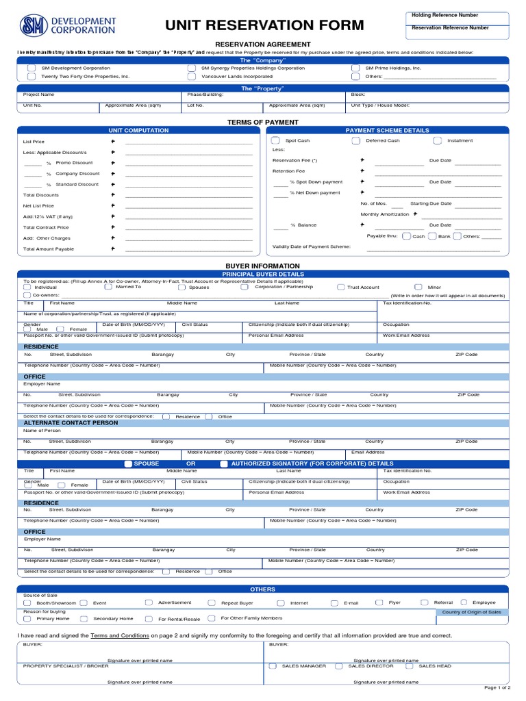 Unit Reservation Agreement Form | PDF | Identity Document | Payments