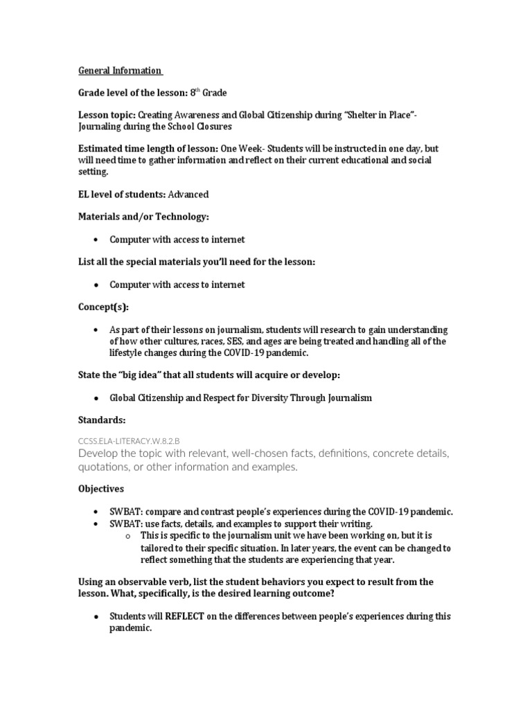 Global Citizenship Through Pandemic Journaling | PDF | Distance ...